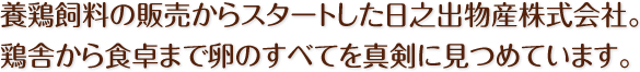 養鶏飼料の販売からスタートした日之出物産株式会社。鶏舎から食卓まで卵のすべてを真剣に見つめています。